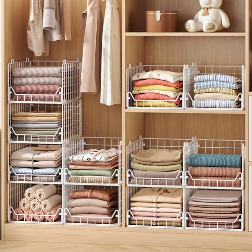 Jakyitvi 6-Tier Closet Shelf Organizer,Metal Stackable Closet Organizers and Storage,Clothes Storage Bins,Shelf Organizer Basket,Folded Shelf Organizer for Closet Wardrobe,White - color: White, size: 6 Tier