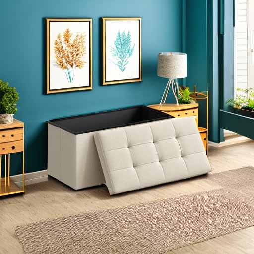 SONGMICS MAZIE Collection - 30 Inches Folding Storage Ottoman Bench, Ottoman Foot Rest, End of Bed Bench, Storage Chest, Load 660 lb, for Living Room, Bedroom, Entryway, Cream White ULSF47BE - color: Cream White, size: 15"D x 30"W x 15"H