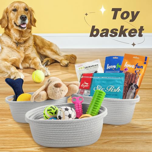 Pro Goleem Small Woven Basket with Gift Bags and Ribbons Durable Baskets for Gifts Empty Small Rope Basket for Storage 12"X 8" X 5" Baby Toy Basket with Handles, Gray - color: grey