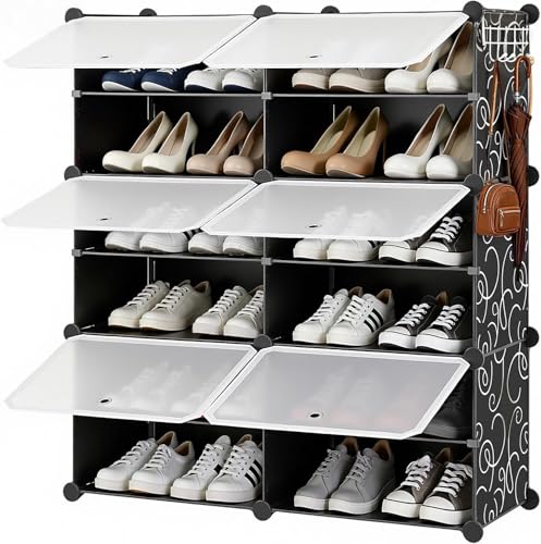 Simple Deluxe 6-Tier Shoe Rack Organizer with Doors, Stackable Shoe Storage Cabinet for Entryway Closet, Plastic Shoe Shelf with Metal Frame, Holds up to 24 Pairs for Bedroom Hallway, Black - color: Black