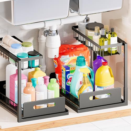 VUSIGN Under Sink Organizers Storage, 2 Tier Under Cabinet Organizer Shelf, Pull Out Kitchen Bathroom Sink Organizer Storage Organization, 2 Pack Black - color: Black, size: 2 Pack