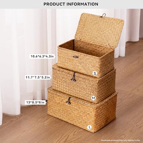 Nonam Storage Basket with Lid, Natural Seagrass Bin with Lid Set of 3, Shelf Baskets Multipurpose Container for Boho Decoration, Rectangular Household Storage Boxes for Home Organization-Natural - color: Natural* Set of 3