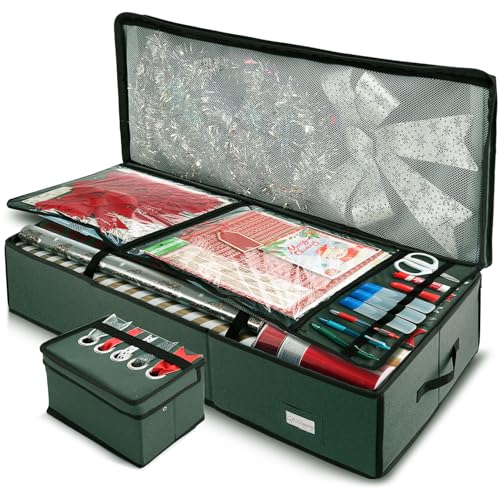 Hearth & Harbor Wrapping Paper Storage Container with Ribbon Storage Organizer - Christmas Storage Bag with Extra Interior Pockets - Gift Wrapping Organizer Storage Fits Up to 26 Rolls of 40" Length - color: Green, size: Large