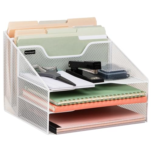Mind Reader Metal Mesh Desktop File Organizer, 3-Tier Paper Tray with 5 Compartments, Office Mail Sorter, White - color: White