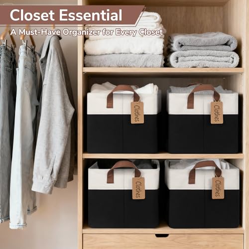 CHICVITA 4 Pack Large Storage Baskets for Shelves, Collapsible Fabric Storage Bins with Metal Frame Handles, Decorative Closet Organizers Bins for Toys, 16.8" x 11" x 9.8", Black & White - color: Black & White, size: 30L (16.8"L x 11"W x 9.8"H)