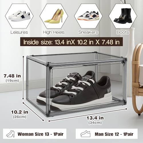 12 Pack Large Shoe Organizers Storage Boxes for Closet Clear Plastic Stackable Shoe Box Storage Bins with Lids, Under Bed Shoe Containers for Entryway, Size 12 Gray - color: Black, size: Medium