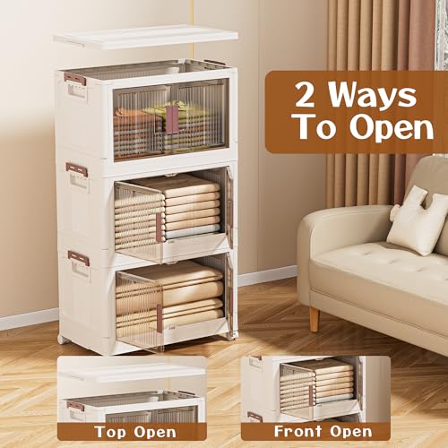 45GAL/180QT 3 tier large stackable storage bins with lid and wheels, collapsible storage bins plastic with doors，suit for clothes, closet, home and office - size: 60QT, style: 3 Pack