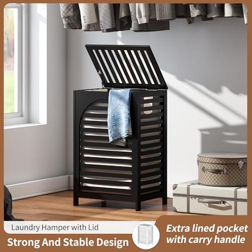 FILWH Laundry Hamper with Lid (16.9 * 13 * 26.5inches) Large Bamboo Laundry Bin Basket 85L Clothes Hamper with 1 Removable Bag Storage baskets for Bathroom(Black) - color: Black