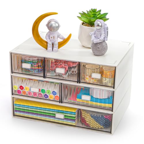 Hacaroa 3 Tier Mini Desk Organizer with 6 Drawers, Plastic Desktop Drawers Storage Box, Stackable Makeup Organizer Craft Storage Case for Office, School, Bathroom, Detachable Design, White