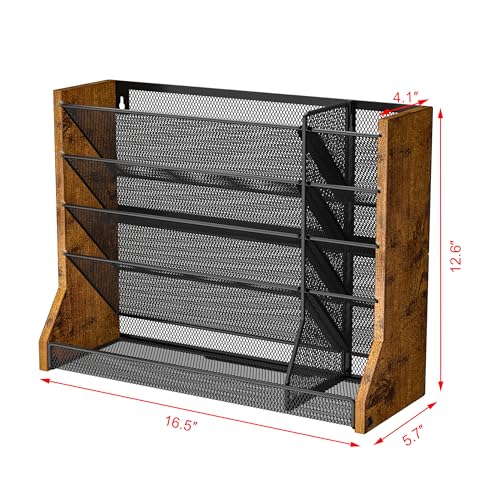 Jakyitvi Wall Desk File Organizer 5 Tiers, Ironwood Mail Organizer Wall Mounted with R-shaped Tray, Wall Organizer for Office Home, 4 Pull-Out Divider and Pen Slots to Sort File,Mail,Newspaper,Pen - size: 5-Tire & Ironwood