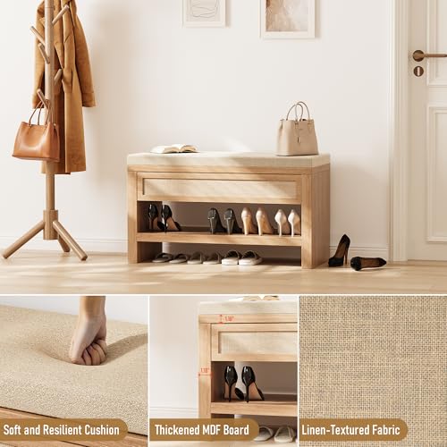 32” Shoe Bench with Storage Drawer, Farmhouse Entryway Bench with Linen Seat Cushion, Wooden Shoe Rack with Shelf for Entryway Hallway Living Room Bedroom, Oak