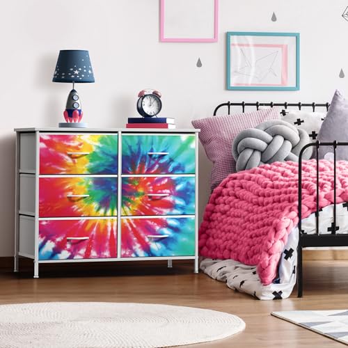 Sorbus Dresser with 6 Drawers - Furniture Storage Tower Unit for Bedroom, Hallway, Closet, Office Organization - Steel Frame, Wood Top, Easy Pull Fabric Bins (6-Drawer, Tie-Dye) - color: Dark Tie-dye, style: 6-Drawer