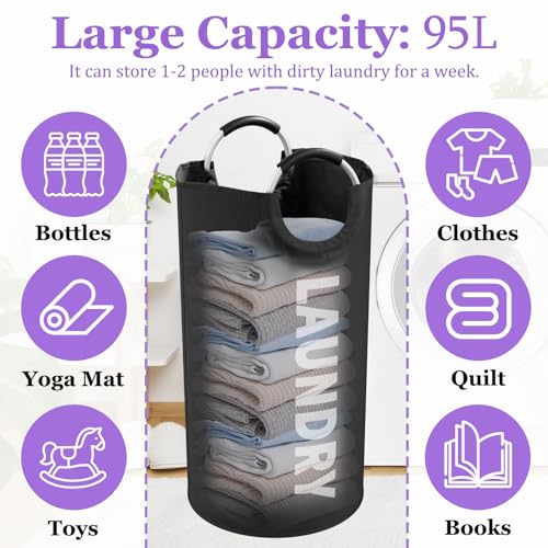 95L Large Laundry Hamper for Adult, Foldable Black Laundry Basket with Soft Handles, Freestanding Dirty Clothes Hampers, Portable Laundry Bin for Flat, Bathroom, Black - color: Black, size: L-95L