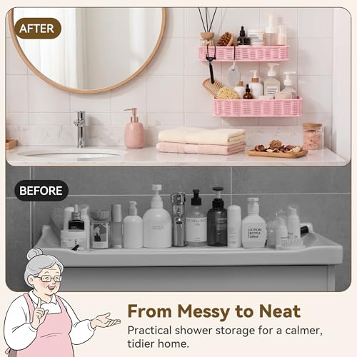 GRANNY SAYS 2 Pack Wicker Shower Caddy Hanging, Shower Shelf for Inside Showers, Adhesive Shelves for Bathroom Organizers and Storage, Bathroom Shelves Wall Mounted with 4 Hooks for Home Decor, Pink - color: Pink, size: Rectangular