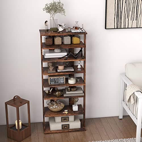 COSTWAY 7 Tiers Shoe Rack, Double Rows Vertical Tall Narrow Patented Shoe Organizer, Free Standing Shoe Rack for Small Space, Entryway, Closet, Living Room, Bedroom (Rustic Brown) - color: Rustic Brown