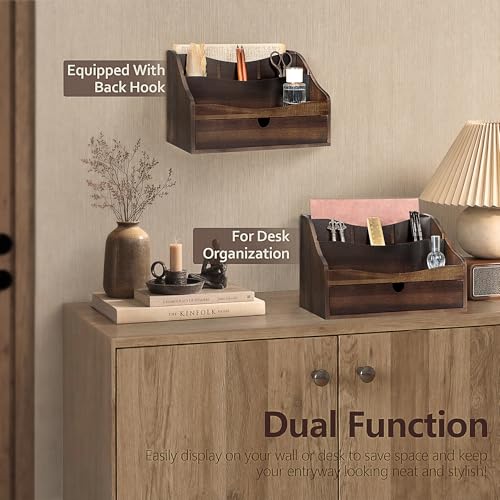 Rebee Vision Acacia Wood Mail Organizer for Desk – Retro Countertop Mail Holder with Dividers – 4-Slot Letter Sorter for Office Accessories – Desktop Organizer for Home Decor (Dark Acacia) - color: A-Dark Acacia