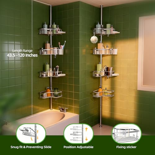 Corner Shower Caddy Tension Pole, 4 Tier Rust-Resistant Adjustable Bathroom Organizer Shelves, Bathtub Storage Rack with Soap Holder, No-Drill Install, Floor to Ceiling Rod 47-121 Inch, Silver - color: Silver