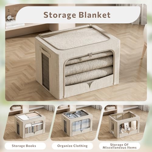 FHSQX 3 Pack Clothes Storage Bins Foldable Metal Frame Storage Box Stackable Linen Fabric Organizer Set with Carrying Handles and Clear Window (Beige, 15.7x11.8x11.8inch(36L)) - color: Beige, size: 15.7x11.8x11.8inch(36L)