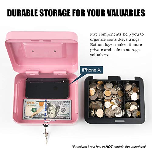 Kyodoled Medium Cash Box with Money Tray,Small Safe Lock Box with Key, Drawer,7.87"x 6.30"x 3.54" Pink - color: Pink, size: Medium