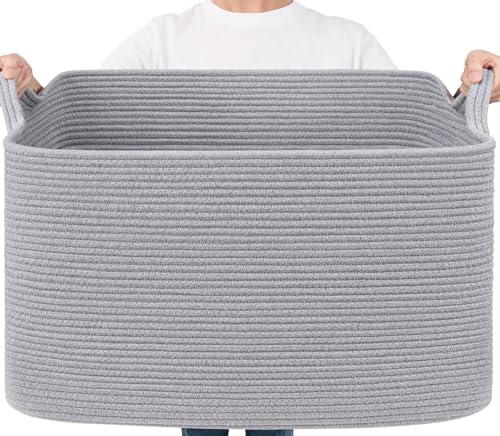 Goodpick 85L Large Woven Blanket Basket 23.6" x 15.7" x 13.8" Cotton Rope Storage Organizer for Dirty Clothes Pillows, Rectangle Toy Storage Basket for Nursery Bedroom, Gray - color: Grey, size: X-Large(23.6"L x 15.7"W x 13.8"H)