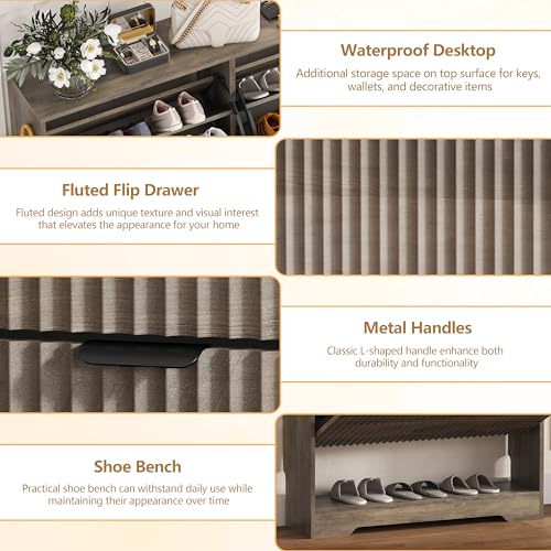 HUANLEGO Shoe Cabinet Storage for Entryway with 2 Flip Drawers, Grey Fluted Shoe Cabinet with Open Storage, Wooden Hidden Shoe Rack Freestanding Narrow Slim Shoes Organizer for Hallway, Entrance - color: Grey, size: 2 Drawer