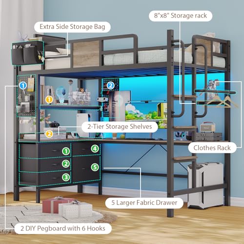 Dnxao Twin Loft Bed with Desk and 5 Storage Drawers,Loft Bed Twin Size with LED Lights and Charging Station, Metal Bunk Bed Frame with Ladder, Clothes Rail,Noise Free,Oak Gray - color: Oak Gray, size: Twin loft bed with 5 drawer