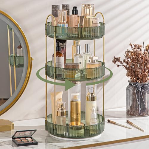 shuang qing Rotating Makeup Organizer for Vanity, High-Capacity Skincare Clear Make Up Storage Perfume Organizers Cosmetic Dresser Organizer Countertop 360 Spinning (Green, 3 Tier) - color: Green, size: Regular-3 Tier