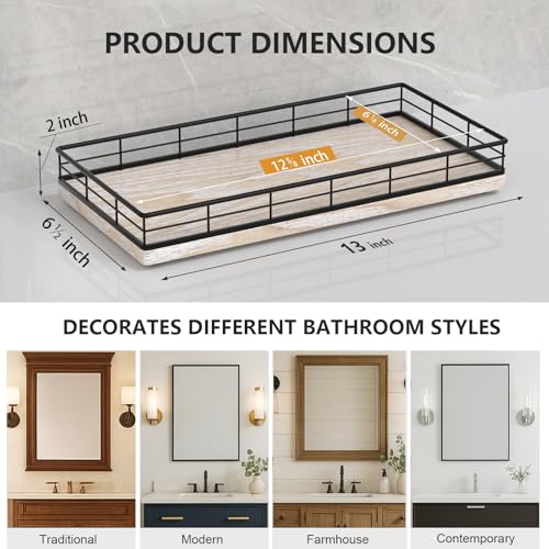 Toilet Paper Basket Organizer – Ash Wood Toilet Tank Tray with Metal Frame, Bathroom Counter Top Storage for Toilet Paper Wipes & Decor, Modern Narrow Back of Tank Shelf Organizer, Black & Whitewashed - color: Black & Whitewashed, size: 13" x 6.5" x 2"