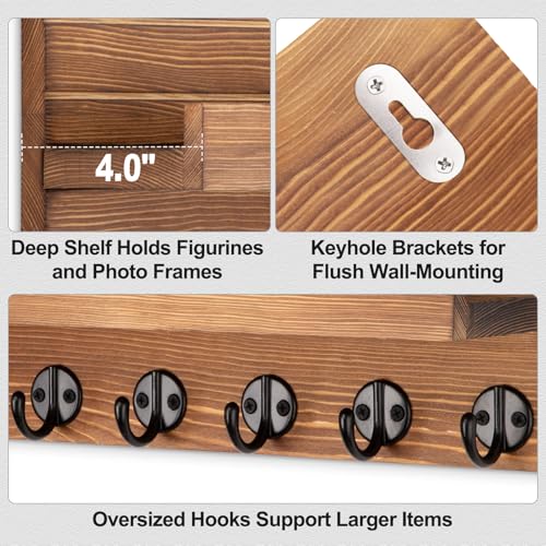 Lwenki Key Holder Wall Mount, Entryway Key and Mail Holder with 7 Sturdy Hooks for Sunglasses, Dog Leash, Decorative Wall Shelf with Mounting Hardware, 15”W x 6.7”H x 4.2”D - color: Burnt Wood