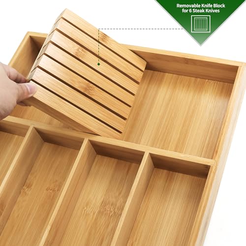 VaeFae Bamboo Silverware Organizer (Non-expandable), Utensil Holder for Drawer, Cutlery Tray with Divider for Kitchen Drawer, Utensil Organizer with Knife Block - color: Natural, size: Small - Non-expandable with Block