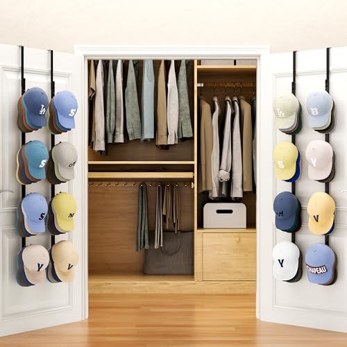 SWTYMIKI Over Door Hat Rack - 4 Packs Metal Hanging Hat Organizer with 16 Hooks Design, Baseball Cap Hanger Organizer Storage Holds up to 80 Caps for Door, Bedroom, Closet - color: black, size: 4 Pack