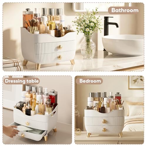 Makeup Organizer Countertop, Large Capacity Skincare Cosmetic Organizer for Vanity with 2 Drawers, Cosmetic Display Cases Makeup Storage Box for Bedroom, Bathroom, Ideal Gifts for Women(White) - color: White