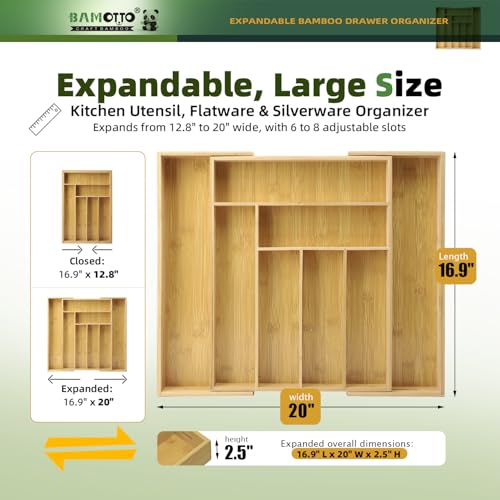 BAMOTTO CRAFTBAMBOO Expandable Bamboo Kitchen Drawer Organizer – Silverware Organizer, Utensil Holder & Cutlery Tray Drawer Dividers for Flatware (20"x16.9" Large Size, 8 Slot, Natural) - color: Bamboo (Expandable Adjustable), size: 16.9" L x 12.8-20" W x