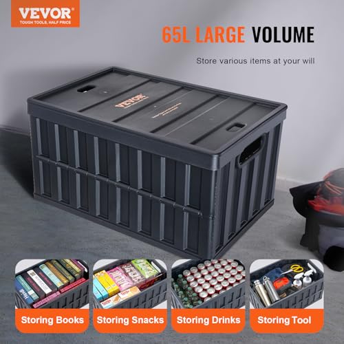 VEVOR 65L Collapsible Storage Bins with Lids 3 Packs, Stackable Utility Crates with Handles, Large Folding Containers for Organizing Tools, Books, Food, Drinks, Camping&Transport - size: 65L-Black