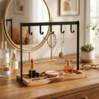 MyGift Black Metal Entryway Key Holder with 5 Hooks and Burnt Wood Base, Tabletop Necklace and Jewelry Organizer Rack with Ring Tray - color: Burnt Wood