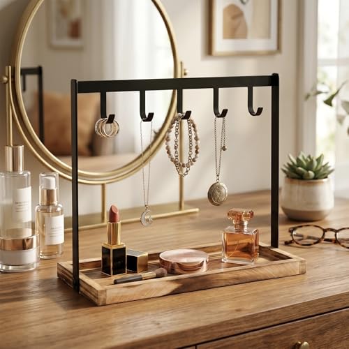 MyGift Black Metal Entryway Key Holder with 5 Hooks and Burnt Wood Base, Tabletop Necklace and Jewelry Organizer Rack with Ring Tray - color: Burnt Wood