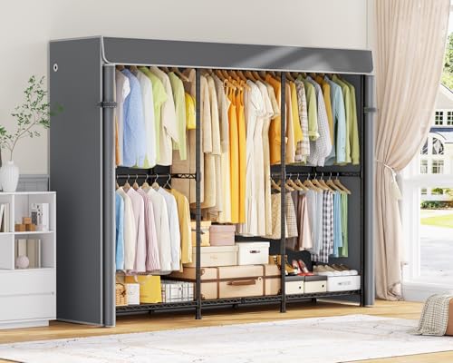 ULIFHOME E14C Pro Heavy Duty Closet Organizer System，Freestanding Clothing Racks for Hanging Clothes，Adjustable Garment Rack 70.1"W × 16.6"D × 76.4"H Hold 960 lbs，Black Rack with Grey Dustproof Cover - color: Black Rack With Grey Cover