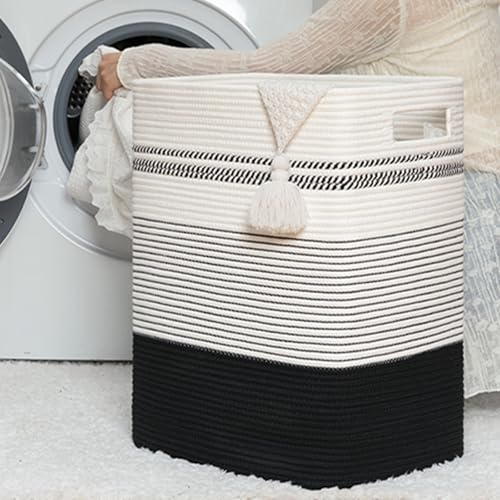 80L Large Cotton Rope Laundry Basket for Bedroom & Laundry Room, Tall Clothes Hamper with Sturdy Handles, Neutral Storage Bin Capable of Holding Blankets and Toys - color: Black& White, size: 80L