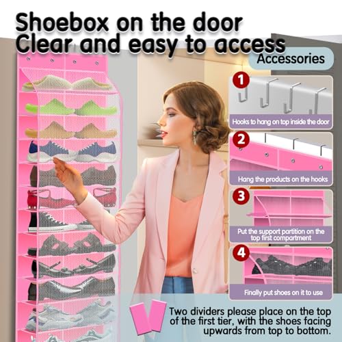 Kotkn Over The Door Shoe Organizer with 12 Large Breathable Pockets - Durable Hanging Storage for the Entire Family's Shoes (Pink) - color: Pink