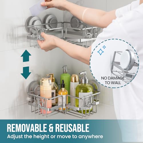 TAILI Corner-adaptive Suction Cup Shower Caddy 2 Pack, Stainless Steel Rustproof Corner Shower Shelves, Drill-Free Wall Mounted Baskets, Large Capacity, Removable Suction Cup Bathroom Organizer, Gray - style: Corner-adaptive, Grey