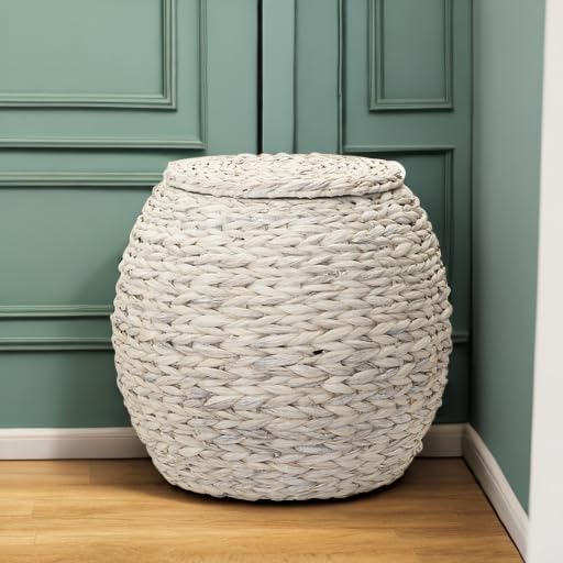 Household Essentials Handwoven Water Hyacinth Barrel Wicker Storage Basket Side Table, Cream Finish - color: Cream Water Hyacinth, style: Water Hyacinth