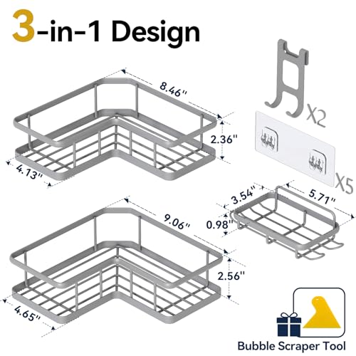 YASONIC Shower Caddy Corner, 3-Pack Adhesive Rustproof Stainless Steel Shower Shelves with Soap Holder, No Drilling Shower Organizer Corner for Dorm, Renters Bathroom, Grey - color: Grey, size: 3Pack