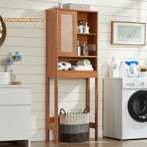 LEYAOYAO Over The Toilet Storage Cabinet with Rattan Sliding Door, 68" Tall Wood Above Toilet Bathroom Organizer w/Adjustable Shelf & Curved Profile, Space Saver Freestanding Washer Shelf - color: Teac, size: 10"D×23.3"W×68"H