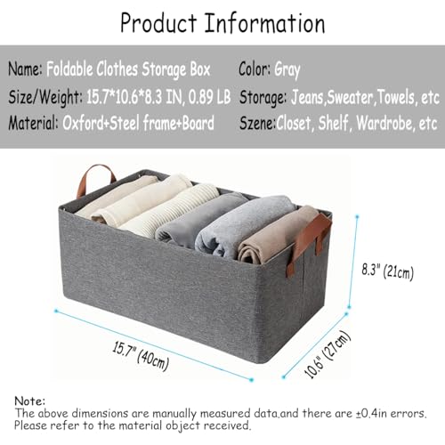 AARAINBOW Linen Closet Organizer Storage Bin with Steel Frame, Stackable Fabric Jeans Baskets for Shelves, 4 Packs Foldable Wardrobe Clothes Box for Sweater Pants Towel Shirt Storage, 23L Gray - color: 4 Gray
