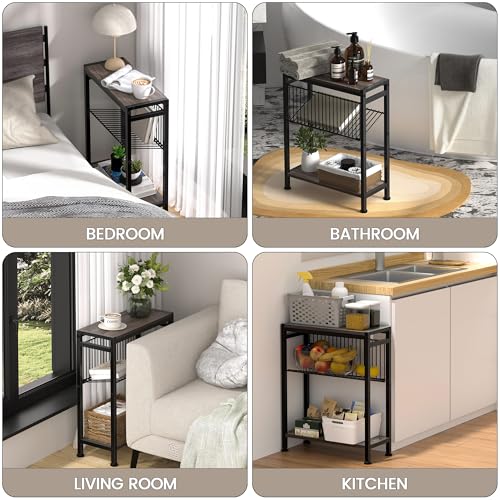 Small Side Table Set of 2 for Small Space, 3-Tier Narrow End Tablewith Magazine Holder,SmallNightstand, Skinny Snack Couch Table in Living Room, Bedroom Study and Balcony(Ash Brown) - color: Ash Brown-2pcs