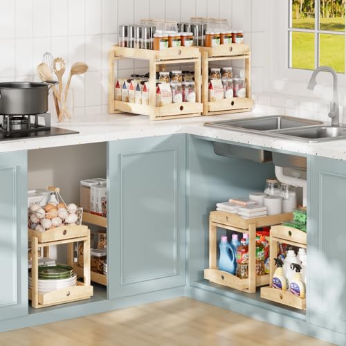 Bamboo Wood Under Sink Organizer 1 Pack, Pull Out Cabinet Organizer 2 Tier Under Sink Organizers and Storage with Sliding Drawer Sturdy Easy Assembly for Kitchen Bathroom Undersink (Nature, 2 Packs) - color: Nature