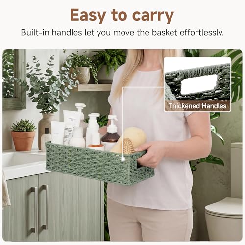StorageWorks Small Wicker Toilet Basket Tank Topper with Built-in Handles, Toilet Paper Baskets for Back of Tank, Paper Rope Bathroom Basket Organizer and Storage for Sage Green Bathroom Decor, Green - color: Green