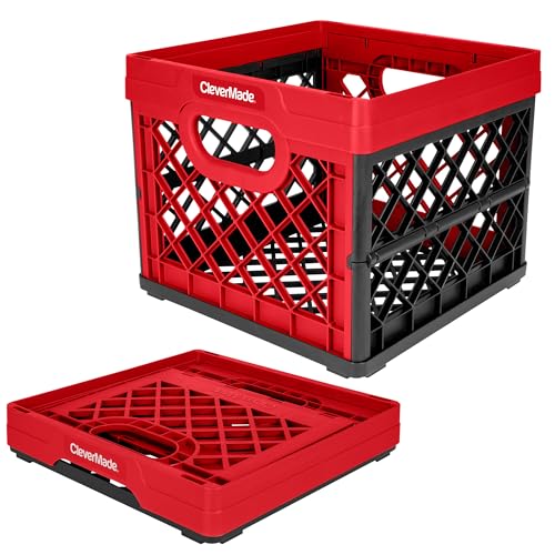 CleverMade Collapsible Milk Crate 25L (6.6 Gal), 50 lb Capacity Heavy Duty Folding Crate – Stackable Storage Crates with File Rails, Plastic Collapsible Crates - Red - color: Red, size: 1 Pack