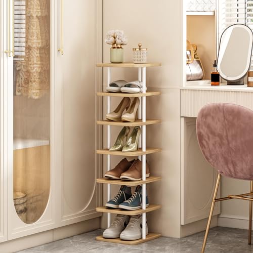 SORCEDAS 7 Tiers Vertical Shoe Rack Wooden Shoe Storage Organizer for Space Saving Narrow Shoe Shelf Storage 7 Pairs for Entryway Living Room Bedroom(White+Oak) - color: White, size: 7 Tier-Standard