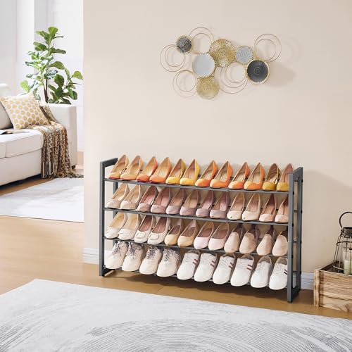 FAVOOSTY 4-Tier Expandable Shoe Rack, Adjustable Shoe Shelf Storage Organizer Space Saving Metal Free Standing Shoe Rack for Entryway Closet Doorway, Silver Grey - color: Silver Gray, size: 4 Tier